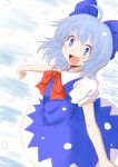  bad_id blue_dress blue_eyes blue_hair blush bow cirno dress fairy fang hair_bow highres ice looking_back niyang53 open_mouth outstretched_arms perfect_cherry_blossom ribbon short_hair smile snow standing touhou wings 
