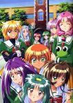  90s :d ^_^ akai_homura arm_up asou_kasumi blonde_hair blue_eyes blue_hair blush bow brown_eyes brown_hair closed_eyes crossed_arms eyes_closed front_ponytail green_eyes green_hair grin hair_over_shoulder happy hinomoto_hikari ichimonji_akane ijuuin_mei kokura_masashi kotobuki_miyuki long_hair minazuki_kotoko multiple_girls necktie official_art open_mouth orange_hair pink_hair purple_eyes purple_hair raised_arm red_hair redhead ribbon sakura_kaedeko scan school school_uniform shirayuki_miho short_hair smile surprised tokimeki_memorial tokimeki_memorial_2 tree violet_eyes yae_kaori 