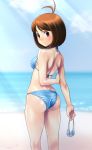  ass back bare_shoulders beach bikini brown_hair goggles hidaka_ai idolmaster looking_back muhi11234 shiny shiny_skin short_hair skindentation smile solo striped striped_bikini striped_swimsuit sunbeam sunlight swimsuit 