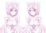  animal_ears anz_(starry) apron bad_id breasts cat_ears cleavage clone enmaided genderswap inazuma_eleven inazuma_eleven_(series) kiyama_hiroto large_breasts leaning_forward maid maid_headdress mirror_image monochrome open_clothes open_mouth open_shirt shirt short_hair spot_color symmetry yellow_eyes 