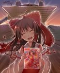  :d ^_^ backlighting blush bow brown_hair closed_eyes dabadhi detached_sleeves eyes_closed face hair_bow hakurei_reimu head_tilt highres long_hair miko open_mouth smile solo tokyo_big_sight touhou 