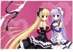  absurdres blonde_hair blue_eyes breasts cleavage dress elbow_gloves flower gloves hair_ribbon hand_holding heart highres holding_hands interlocked_fingers large_breasts lolita_fashion long_hair looking_at_viewer looking_back mitha multiple_girls original red_eyes ribbon silver_hair standing very_long_hair 