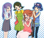  blue_eyes blue_hair blush brown_eyes brown_hair casual chair dress glasses glasses_on_head green_eyes green_hair inazuma_eleven inazuma_eleven_(series) kino_aki kudou_fuyuka legwear_under_shorts long_hair mirror multiple_girls open_mouth otonashi_haruna pantyhose purple_hair raimon_natsumi shiromi-12 short_hair shorts sitting smile twintails 