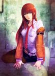  bad_id belt blue_eyes brown_hair gears highres itori_(artist) jacket legwear_under_shorts long_hair makise_kurisu necktie pantyhose shirt shorts sitting solo steins;gate 