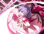  ascot bat_wings blue_eyes chain chains fangs hands monochrome mount_whip no_hat no_headwear red_eyes remilia_scarlet ribbon short_hair slit_pupils solo spear_the_gungnir touhou wings 