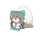  :3 arm_cannon black_hair blush_stickers cape chibi dekasudachin egg long_hair o_o ouch reiuji_utsuho shirt sitting skirt solo third_eye touhou translated unyu weapon 