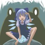  barefoot blue_eyes blue_hair cirno dress face frog frozen giant_toad hair_ribbon ice miyo_(ranthath) oogama ribbon sitting solo touhou wings 