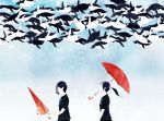  bird black_hair original penguin ponytail school_uniform sky uki_(s08510yn) umbrella 