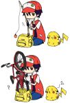  1boy artist_request bag bicycle brown_eyes drool fishing_pole hat pikachu pokemon red_(pokemon) 