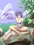  1girl bare_legs barefoot bikini blue_eyes blue_hair breasts bridal_gauntlets cleavage copyright_request elf feathers feet female hands_on_feet highres indian_style katatuki muscle pointy_ears rock short_hair sitting sitting_on_rock solo swimsuit 