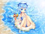  1girl agrt blue_eyes blue_hair bow casual_one-piece_swimsuit cirno hair_bow highres ice ice_wings innertube one-piece_swimsuit parfait pointy_ears short_hair swimsuit touhou wings 