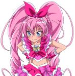  blue_eyes blush bow braid brooch cure_melody dress earrings hair_ribbon hairband hands_on_hips heart houjou_hibiki jewelry long_hair magical_girl midriff pink_hair precure ribbon sinko_(sinsin) smile solo suite_precure twintails 