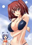  bikini blue_eyes blue_hair blush breast_hold breasts bust cirno hair_bobbles hair_ornament highres large_breasts multiple_girls nishi_koutarou onozuka_komachi red_eyes red_hair redhead short_hair swimsuit touhou twintails 