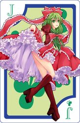  bad_id boots bow card card_(medium) cards colored_eyelashes dress dress_lift frills gathers green_eyes green_hair hair_bow highres kagiyama_hina legs petticoat playing_card ribbon ruffles touhou 