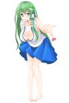  1girl barefoot blue_skirt breasts cleavage collarbone detached_sleeves frog_hair_ornament full_body green_eyes green_hair hair_ornament heart highres knees_touching kochiya_sanae large_breasts leaning_forward long_hair looking_at_viewer miniskirt parted_lips pleated_skirt puckered_lips shirt simple_background skirt snake_hair_ornament solo standing surota touhou very_long_hair white_background white_shirt 