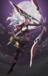  alternate_costume blade bodysuit boots breasts brown_eyes cherry_blossoms cleavage cleavage_cutout epic heart highres irelia knee_pads league_of_legends legs long_hair loped moon night pauldrons shoulder_pads solo white_hair 