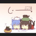  2girls :3 animal_ears animal_on_head blush cat cat_ears cat_on_head cat_tail chen chibi chibi_on_head earrings hat hazuki_ruu hinanawi_tenshi inubashiri_momiji inubashiri_momiji_(wolf) jewelry kaenbyou_rin kaenbyou_rin_(cat) kemonomimi_mode letterboxed mofuji multiple_girls multiple_tails no_hat no_headwear o_o paw_print reiuji_utsuho reiuji_utsuho_(bird) tail third_eye tokin_hat touhou 