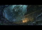  copyright_request fantasy fire forest from_behind golem highres letterboxed nature night scenery sheath sheathed solo sword weapon white_hair zheyuan1985 