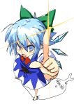  barefoot beetle blue_eyes blue_hair blush bow cirno dress face foreshortening hair_bow hands open_mouth pointing solo sparkle touhou uro wings 