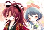  antenna_hair blue_hair blush floral_print flower hair_ornament hair_ribbon hairclip highres japanese_clothes kimono long_hair mahou_shoujo_madoka_magica miki_sayaka mouth_hold multiple_girls pocky ponytail red_eyes red_hair redhead ribbon sakura_kyouko sarashi short_hair smile tears yukata yume_shokunin 