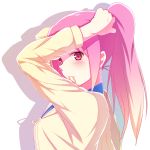  1girl :3 adjusting_hair hairband hoodie kuroko_no_basuke kuronekosan momoi_satsuki mouth_hold pink_eyes pink_hair ponytail shadow solo 