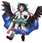  arm_cannon bow brown_hair cape hair_bow hand_on_hip hips long_hair open_mouth red_eyes reiuji_utsuho sama_samasa skirt solo third_eye touhou weapon wings 