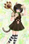  :d animal_ears aoi_kanan black_hair black_legwear blue_eyes blush capcom cat_ears cat_paws cat_tail dress fang kneehighs melynx monster_hunter open_mouth paw_pose paw_print paws personification scarf short_hair smile solo striped striped_legwear tail thighhighs white_legwear 