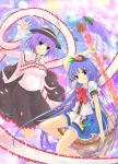  blue_hair bow electricity food frills fruit hat hat_ribbon highres hinanawi_tenshi keystone long_hair multiple_girls nagae_iku peach pointing pointing_to_the_sky pointing_up purple_eyes purple_hair red_eyes ribbon shawl short_hair sitting skirt smile sword sword_of_hisou tenhi_tsukitori touhou violet_eyes weapon 