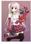  bare_shoulders black_legwear detached_sleeves gothic_lolita highres lolita_fashion long_hair looking_at_viewer mitha original red_eyes shoes silver_hair skirt smile solo standing_on_one_leg stuffed_animal stuffed_toy thigh-highs thighhighs 