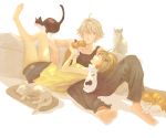  barefoot blonde_hair caring cat closed_eyes couch eyes_closed flower hair_ornament hairclip huang_baoling ivan_karelin lap_pillow legs purple_eyes short_hair signature tank_top tiger_&amp;_bunny violet_eyes 