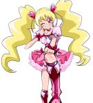  blonde_hair boots bow choker cure_peach dress earrings foreshortening fresh_precure! hair_ornament hairpin heart jewelry long_hair magical_girl momozono_love pink_eyes precure ribbon sinko_(sinsin) smile solo thumbs_up twintails wink wrist_cuffs 