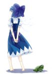  arms_behind_back back barefoot blue_dress blue_eyes blue_hair bow cirno dress fairy frog from_behind hair_bow no_wings ochau short_hair solo standing touhou wings 