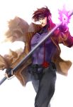  brown_hair card cards daimon560 fingerless_gloves fire gambit gloves holding holding_card male marvel muscle pink_fire playing_card red_eyes short_hair signature simple_background solo staff trench_coat white_background x-men 