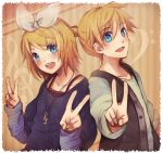  blue_eyes brother_and_sister casual fiute hair_ornament hair_ribbon hairclip highres jewelry kagamine_len kagamine_rin nail_polish necklace open_mouth ribbon short_hair siblings smile twins v vocaloid 