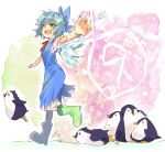  2110_(artist) ? az_(704az) bird blue_dress blue_hair boots bow cirno dress fairy fang green_eyes ice open_mouth outstretched_arms penguin ribbon rubber_boots short_hair smile solo touhou walking 