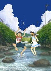  ^_^ barefoot black_hair child closed_eyes clothes_writing clothing_writing cloud dress eyes_closed fence fish goke_shike_(altamira05) grass hat hill long_hair original power_lines river rock sky splash splashing sun_hat sundress telephone_pole wading water 