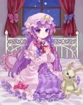  :3 ama-tou bed book bow crescent curtains hair_bow hat heart heart_pillow highres jpeg_artifacts light_smile long_hair patchouli_knowledge pillow purple_eyes purple_hair smile solo star stuffed_animal stuffed_toy touhou very_long_hair violet_eyes window 