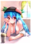  alric bad_id bare_shoulders bloom blue_hair blush breasts chin_rest cleavage collarbone cup food fruit hat hinanawi_tenshi large_breasts long_hair looking_at_viewer off_shoulder peach red_eyes smile solo straw touhou window 