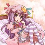  bed bloomers blush crescent food fruit grapes hair_ribbon hat long_hair mayuge_inu on_bed patchouli_knowledge purple_eyes purple_hair ribbon solo striped striped_legwear striped_thighhighs thigh-highs thighhighs touhou violet_eyes 