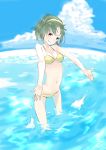  cloud green_hair grin hairband highres idolmaster otonashi_kotori red_eyes rikkukku short_hair sky smile solo swimsuit wading water 