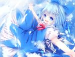  bad_id blue_eyes blue_hair bow cirno dress hair_bow neck_ribbon nonaka open_mouth outstretched_arms ribbon short_hair smile snowflakes solo touhou wings 