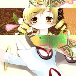  blonde_hair blush drill_hair flower hair_ornament hexagon highres japanese_clothes kimono kyubey mahou_shoujo_madoka_magica no_nose sandals smile stepped_on tomoe_mami twin_drills yellow_eyes yukata yume_shokunin 