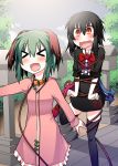  &gt;_&lt; animal_ears asymmetrical_wings bdsm black_dress black_hair black_legwear blue_sky blush bondage collar dress green_hair highres houjuu_nue kasodani_kyouko leash multiple_girls open_mouth pink_dress red_eyes ren_(733) short_hair sky smile standing_on_one_leg thigh-highs thighhighs tied_up touhou wavy_mouth wings zettai_ryouiki 