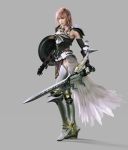  1girl 3d absurdres armor boots breastplate cg elbow_gloves feathers female final_fantasy final_fantasy_xiii final_fantasy_xiii-2 full_body gloves gunblade highres holding holding_weapon lightning_farron long_hair official_art pink_hair shield simple_background solo standing sword thighhighs weapon 
