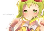  bad_id blush face goggles goggles_on_head green_eyes green_hair gumi isle short_hair simple_background smile solo vocaloid 