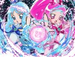  :o blue_eyes blue_hair bow brooch choker cure_blossom cure_marine dress foreshortening hair_ribbon hanasaki_tsubomi heart heartcatch_precure! jewelry kurumi_erika long_hair magic magical_girl multiple_girls open_mouth outstretched_hand pink_eyes pink_hair ponytail precure ribbon sinko_(sinsin) symmetry 