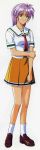  90s dress footwear green_eyes kokura_masashi loafers necktie official_art orange_dress purple_hair scan school_uniform shoes short_hair skirt smile socks solo tokimeki_memorial tokimeki_memorial_2 yae_kaori 