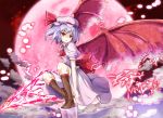  bat_wings blue_door blue_hair boots dress hat moon red red_eyes remilia_scarlet ribbon short_hair smile solo spear_the_gungnir touhou wings 