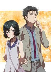  androgynous bare_shoulders blush brown_eyes dress formal genderswap girock hair_ornament hairclip necktie okabe_rintarou open_mouth purple_eyes short_hair skull skull_hair_ornament sleeveless smile steins;gate suit sweatdrop trap urushibara_luka urushibara_ruka violet_eyes 