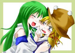  &gt;_&lt; blonde_hair blush cheek_press cheek_rub detached_sleeves green_hair grey_eyes hat kochiya_sanae long_hair moriya_suwako multiple_girls short_hair snake touhou unya 